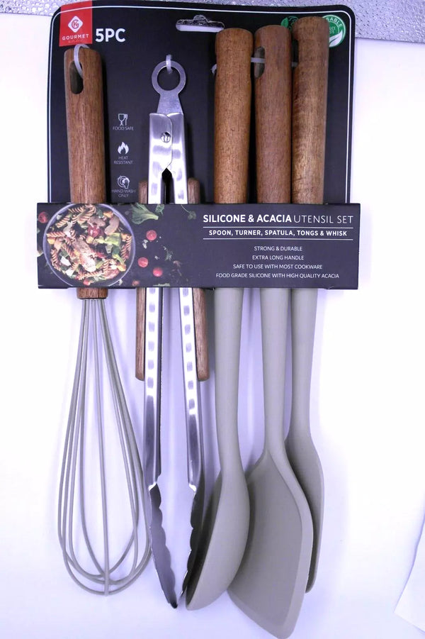 Luxury GOURMET Kitchen 5pc Silicon & Acacia - Utensil Set