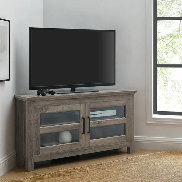 Transitional Modern Farmhouse Wood Corner TV Stand - Grey Wash