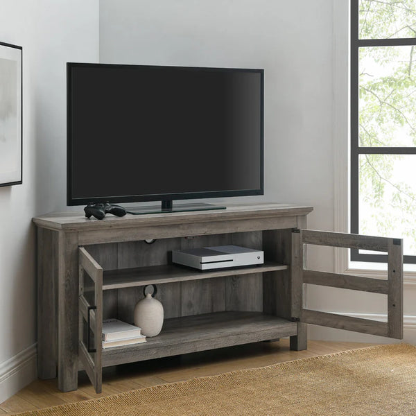 Transitional Modern Farmhouse Wood Corner TV Stand - Grey Wash