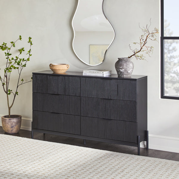 Mid-Century 6-Drawer Dresser With Reeded Drawer - Black