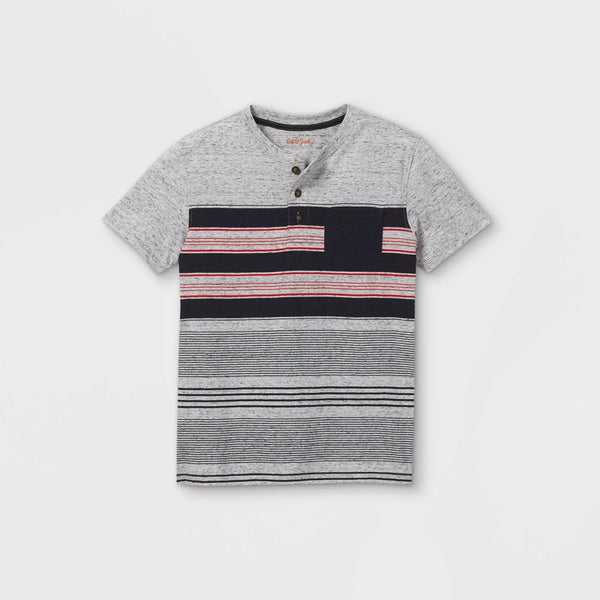 Boys' Short Sleeve Striped Henley Shirt  Gray XS (4 - 5) - Cat & Jack