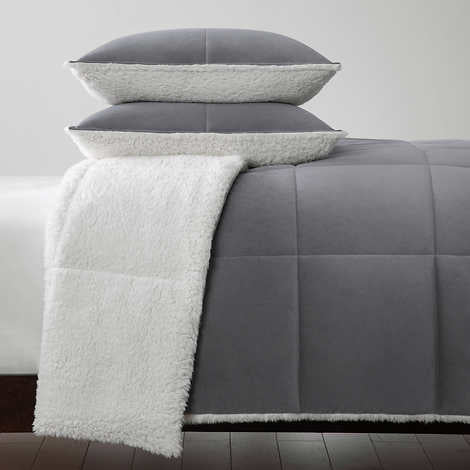 Easton Sherpa Fleece 3-piece Comforter Set - Gray - Queen