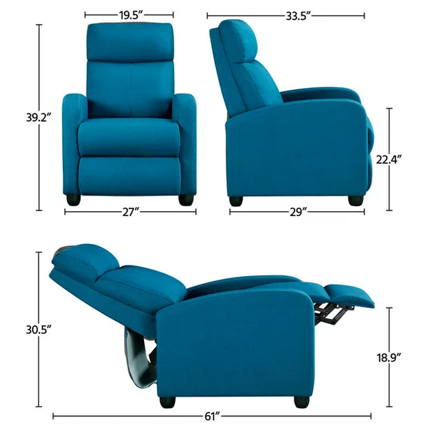 Easyfashion Fabric Push Back Theater Recliner Chair with Footrest, Blue