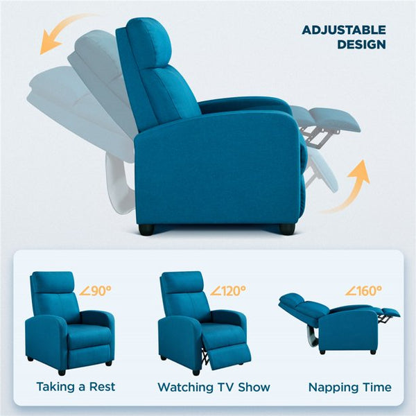 Easyfashion Fabric Push Back Theater Recliner Chair with Footrest, Blue