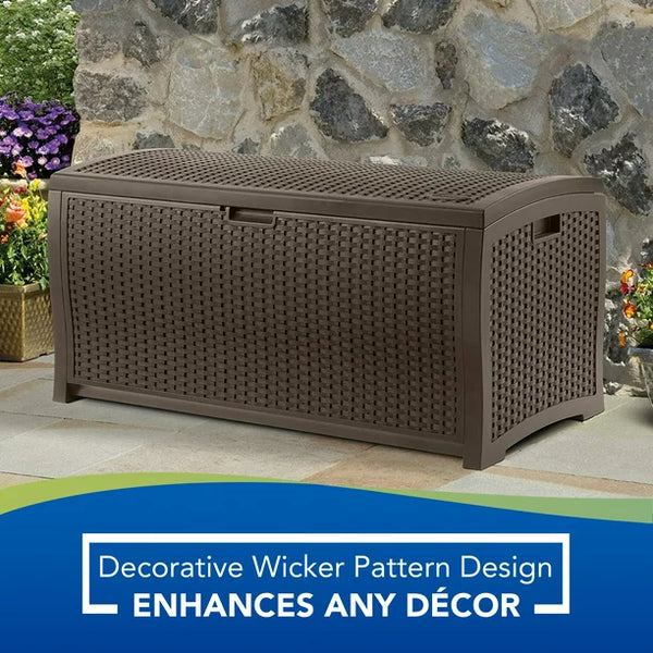 Suncast Outdoor 99 Gallon Resin and Wicker Deck Box, Java Brown