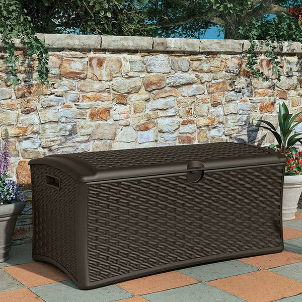 Suncast Outdoor 99 Gallon Resin and Wicker Deck Box, Java Brown