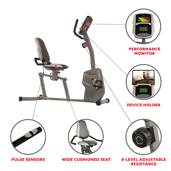 Sunny Health  Fitness Magnetic Recumbent Bike Exercise Bike with Easy Adjustable Seat, Tablet Holder, RPM and Pulse Rate Monitoring - SF-RB4806