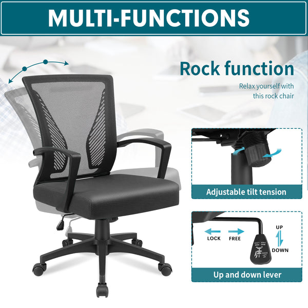 Walnew Mid Back Office Chair Adjustable Mesh Desk Chair Swivel Computer Ergonomic Chair with Armrest, Black