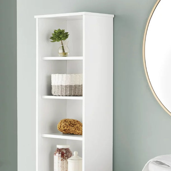 White Bathroom Storage Linen Tower with Open and Concealed Shelves